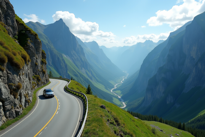 route-montagne-trollstigen-norvege Route de montagne à Trollstigen en Norvege avec voiture et falaises