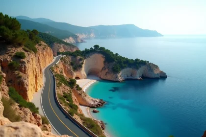 Route panoramique en lacets longeant les falaises calcaires au-dessus d'une crique turquoise en Haute-Corse