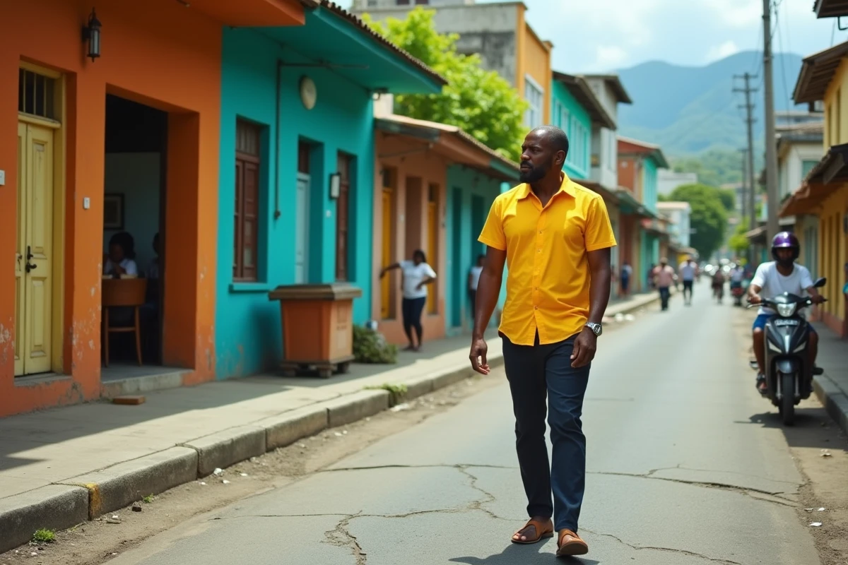 Rue animée du centre-ville de Kingston en Jamaïque avec des façades colorées et la montagne Blue Mountain en arrière-plan