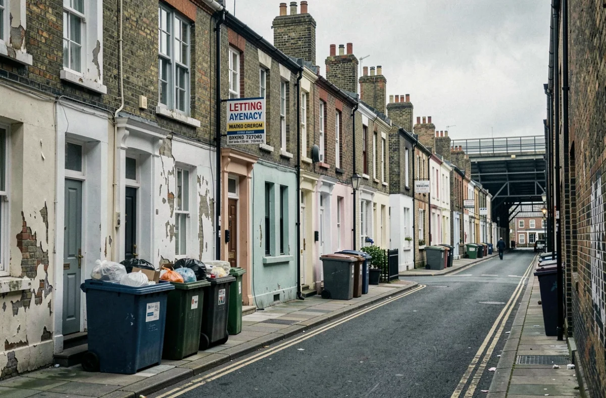 Rue résidentielle défraîchie près d'une gare londonienne avec immeubles victoriens et poubelles sur le trottoir