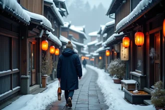 Ruelle enneigée de Nozawa Onsen avec des ryokans en bois traditionnel et des lanternes japonaises illuminées en hiver