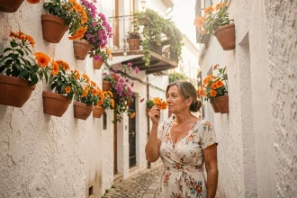 Femme en robe fleurie admirant les fleurs d'oranger dans une ruelle typique du quartier Santa Cruz à Séville au printemps