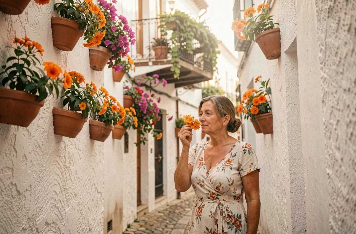 Femme en robe fleurie admirant les fleurs d'oranger dans une ruelle typique du quartier Santa Cruz à Séville au printemps