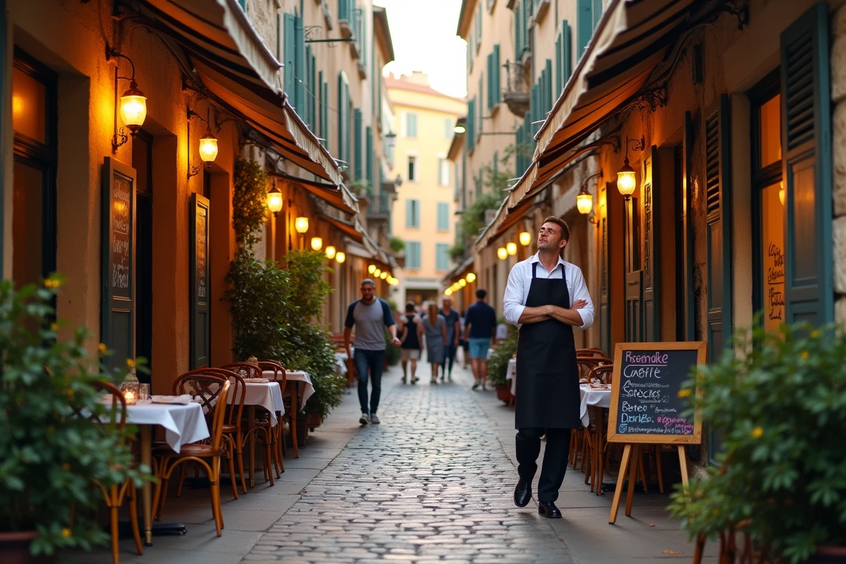 Ruelle animée du centre historique d'Aix-en-Provence avec restaurants et terrasses en soirée, serveur en tablier noir