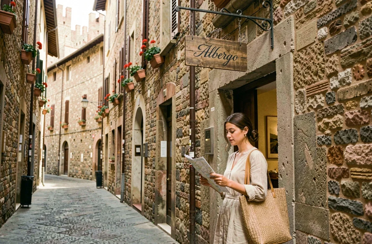Ruelle médiévale pavée de Sienne avec une touriste consultant une carte devant l'entrée d'un petit hôtel de charme, encadrée de bâtiments en pierre et de pots de géraniums
