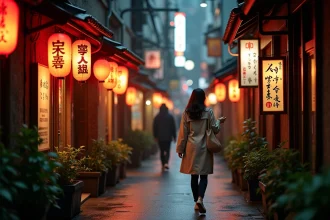 Femme explorant une ruelle illuminée de lanternes rouges dans un quartier izakaya de Tokyo la nuit
