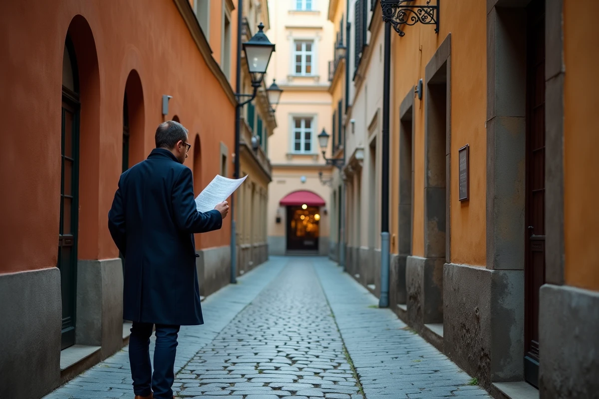 Ruelle pavée du centre historique de Prague avec facades en terre cuite et lampadaires en fer forgé