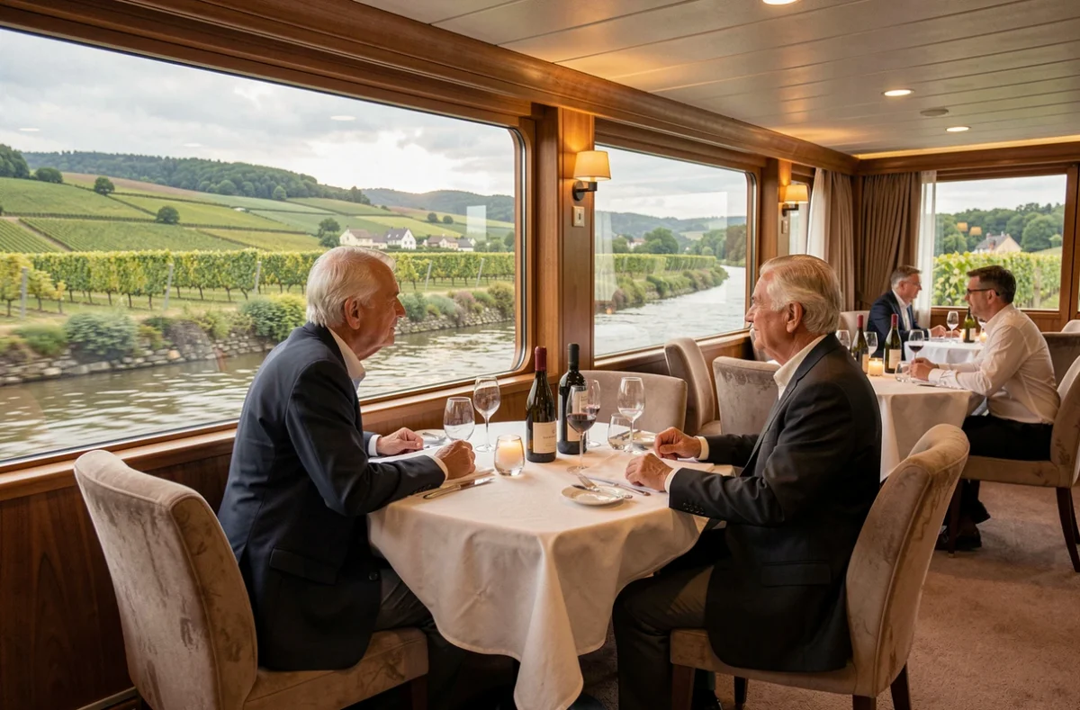 Salle à manger panoramique d'un bateau de croisière sur la Moselle avec vue sur les vignes depuis les hublots