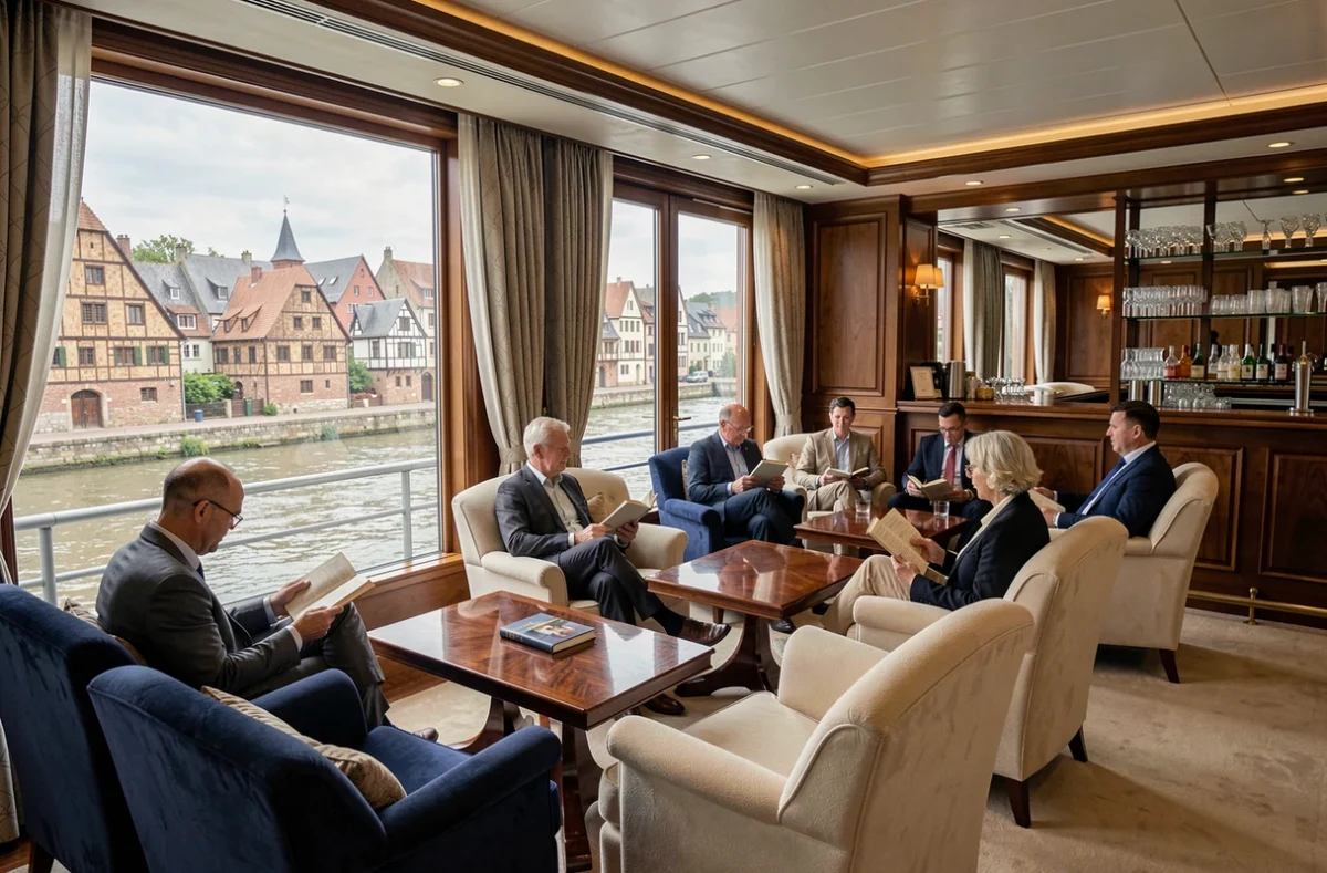 Salon panoramique élégant d'un bateau Viking avec vue sur une ville médiévale européenne