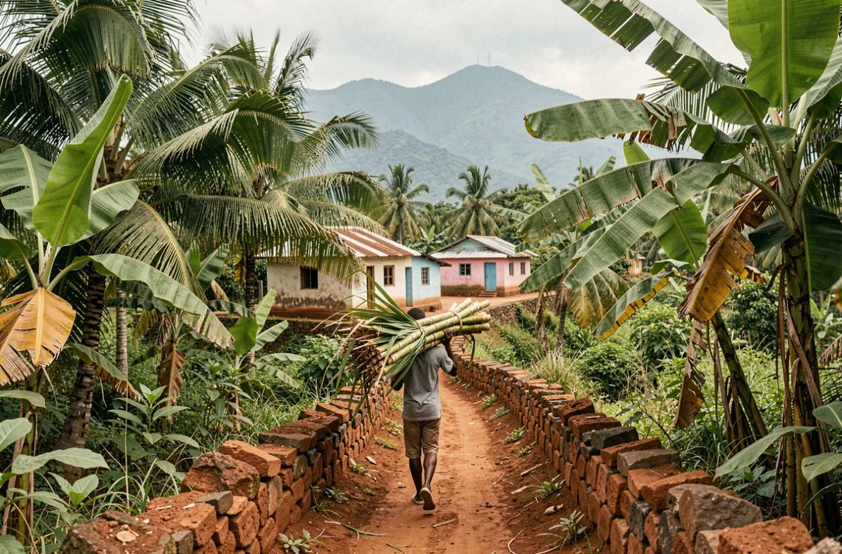 Chemin de terre sinueux traversant le village isolé de Ganere en Haïti avec un jeune portant de la canne à sucre