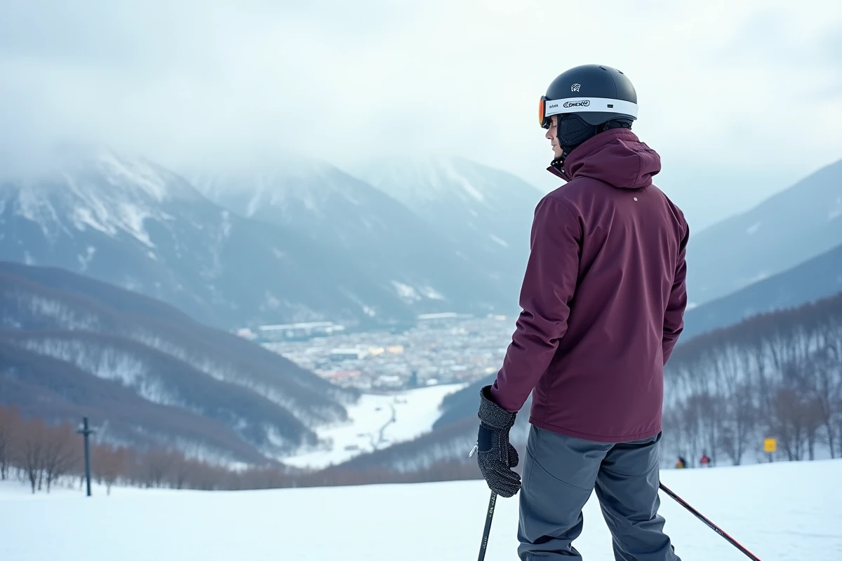 Skieur au sommet des pistes enneigées de Nozawa Onsen avec panorama sur les Alpes japonaises en arrière-plan