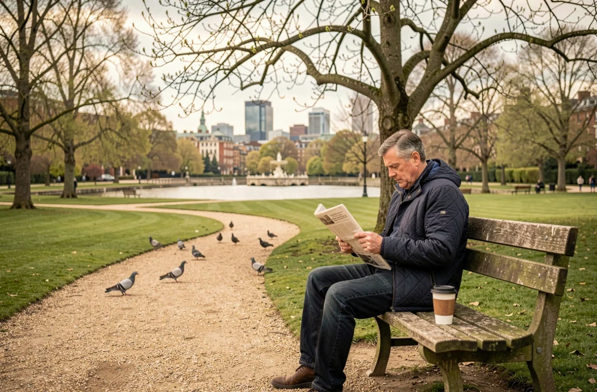 Parc St. Stephen's Green à Dublin au printemps avec peu de monde, homme lisant sur un banc par matin calme de mars