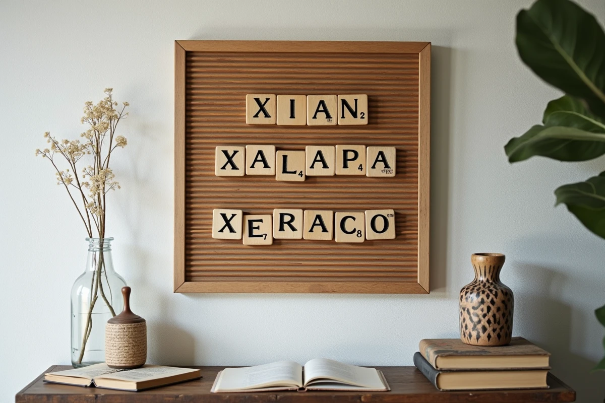 Tableau de lettres en bois style Scrabble avec des noms de villes et pays commençant par X épelés en carreaux vintage, entouré de notes étymologiques manuscrites