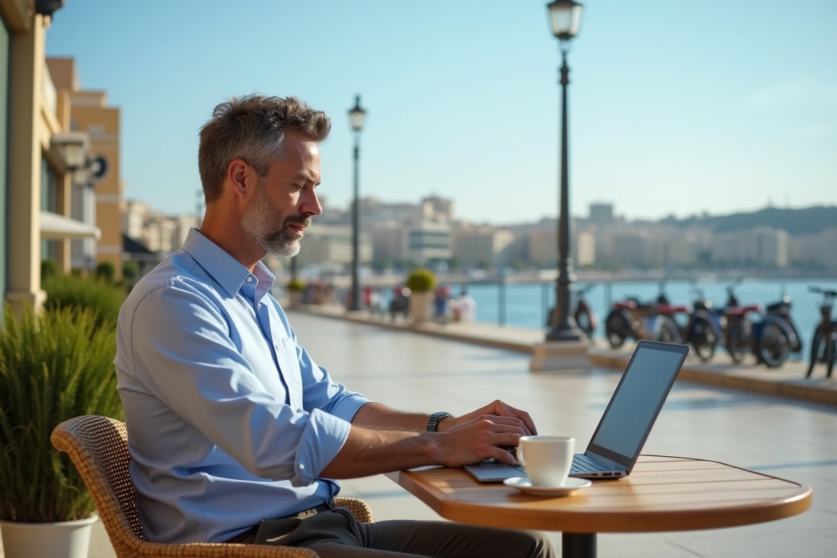 Professionnel en télétravail dans un café en terrasse à Sliema, Malte, avec vue sur le front de mer méditerranéen