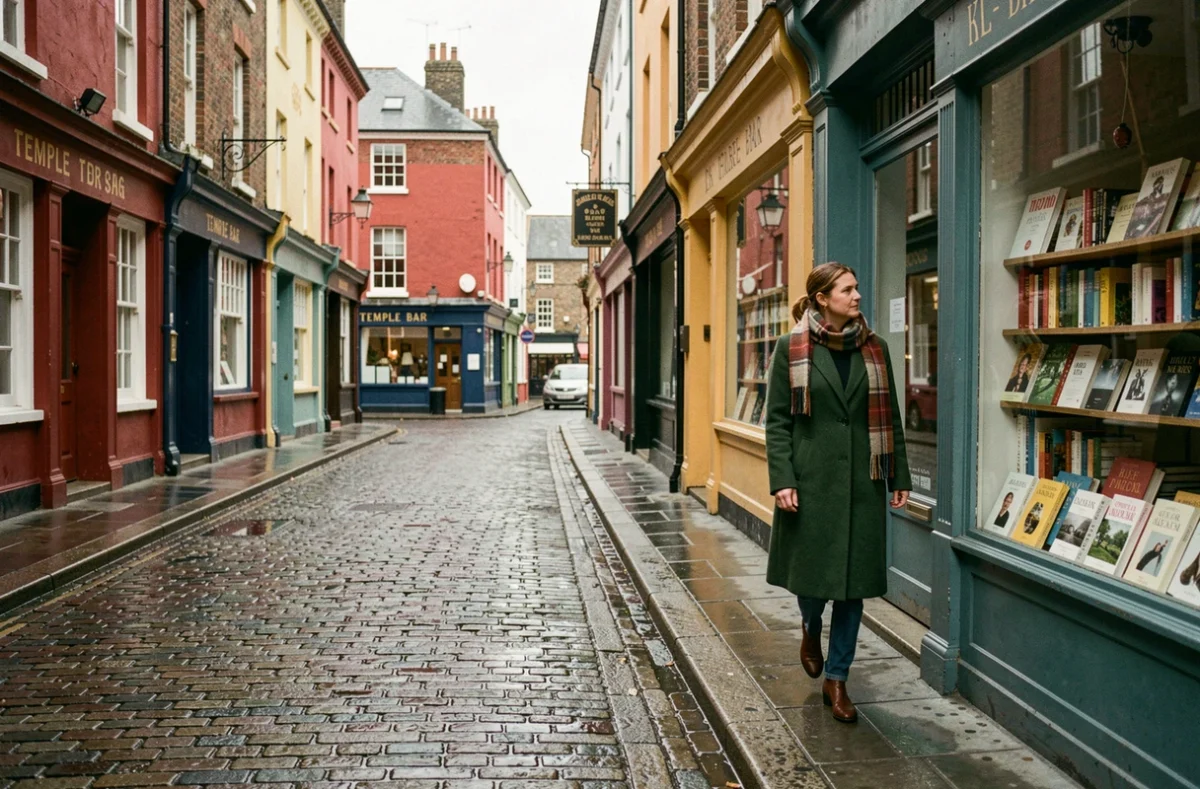 Rue pavée de Temple Bar à Dublin au printemps avec peu de touristes, femme en manteau vert marchant seule par temps couvert