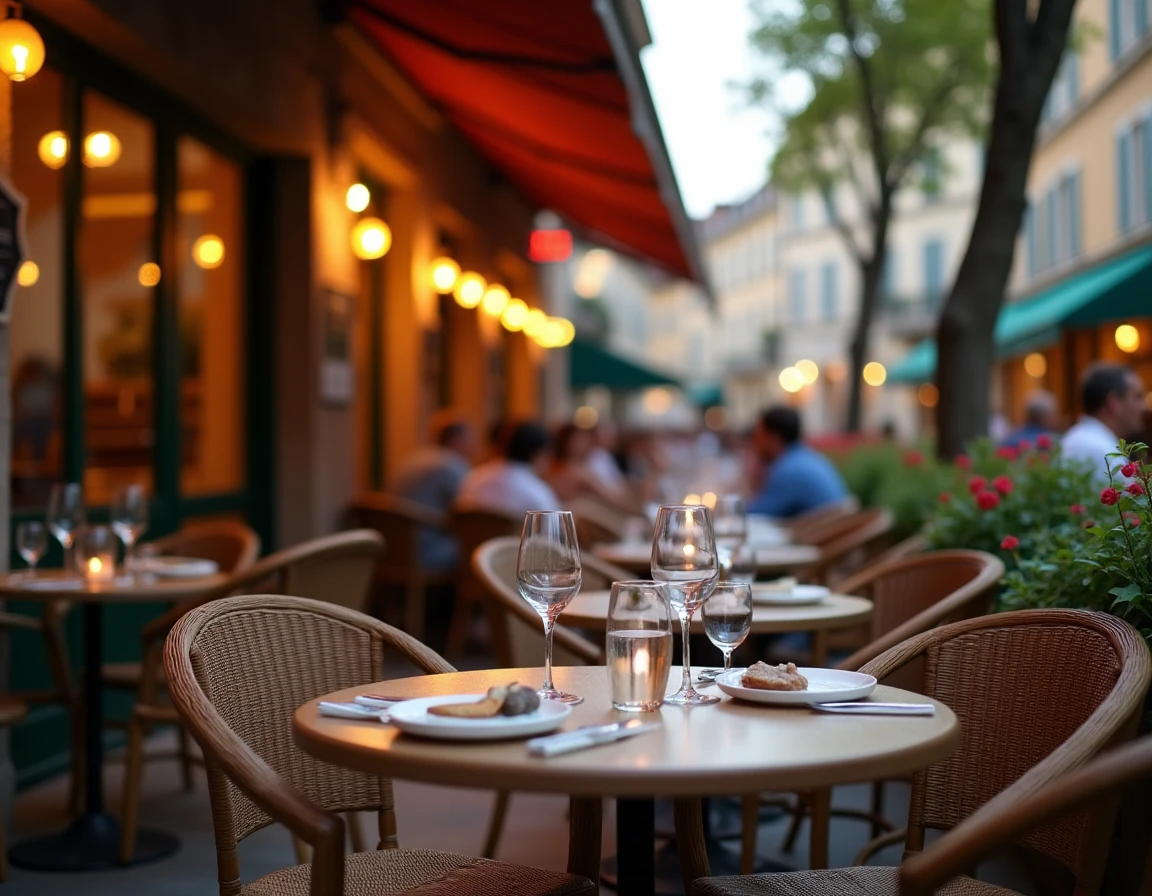 Terrasse animée d'un bistrot à Montauban en soirée d'été avec clients attablés et menu ardoise