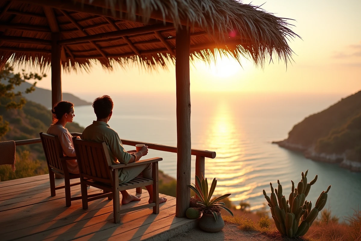 Couple profitant du coucher de soleil depuis une terrasse en bois d'un palapa à Mazunte avec vue sur la baie