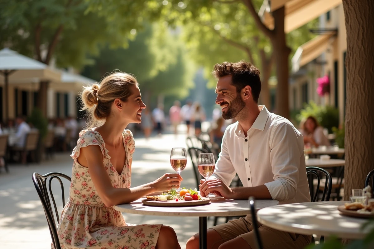 Couple attablé en terrasse d'un restaurant provençal à Aix-en-Provence avec verre de rosé et planche de charcuterie