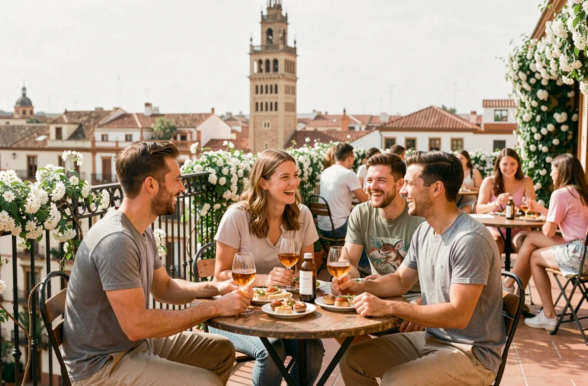 Groupe d'amis sur une terrasse rooftop à Séville dégustant du sherry avec vue sur la Giralda au printemps