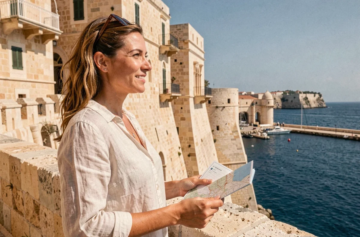 Touriste tenant une carte devant les remparts de La Valette à Malte avec vue sur le Grand Port