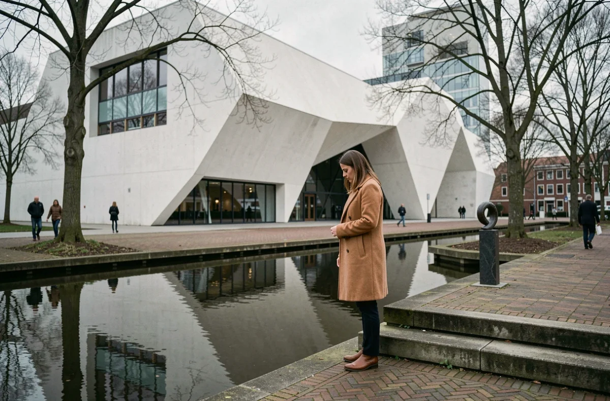 Visiteuse devant la façade géométrique du Van Abbemuseum à Eindhoven au bord du canal