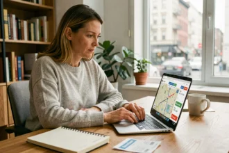 Femme utilisant ViaMichelin sur un ordinateur portable pour calculer un itinéraire économique depuis son bureau à domicile