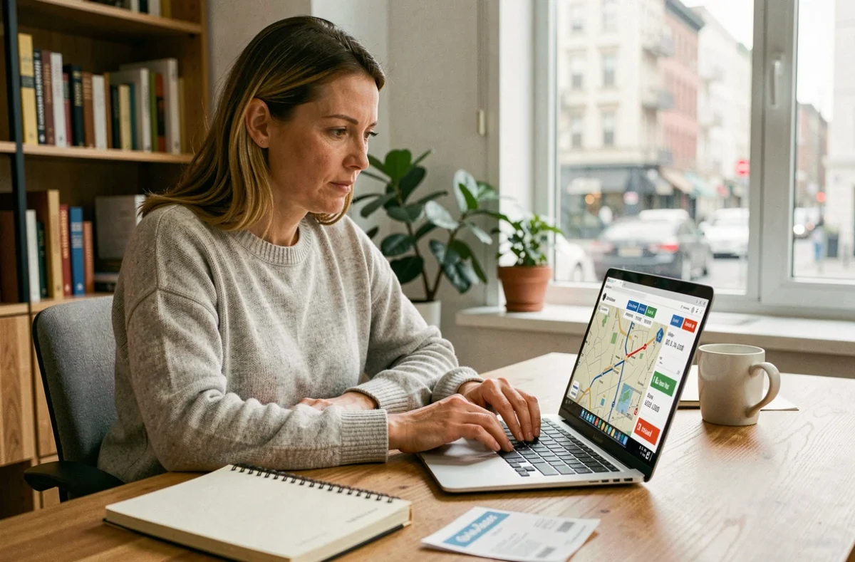 Femme utilisant ViaMichelin sur un ordinateur portable pour calculer un itinéraire économique depuis son bureau à domicile