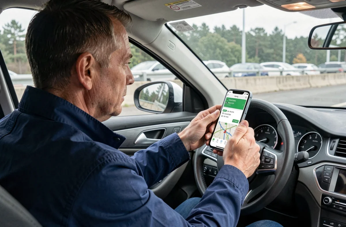 Conducteur consultant ViaMichelin sur smartphone dans sa voiture pour choisir l'itinéraire le moins cher sur autoroute