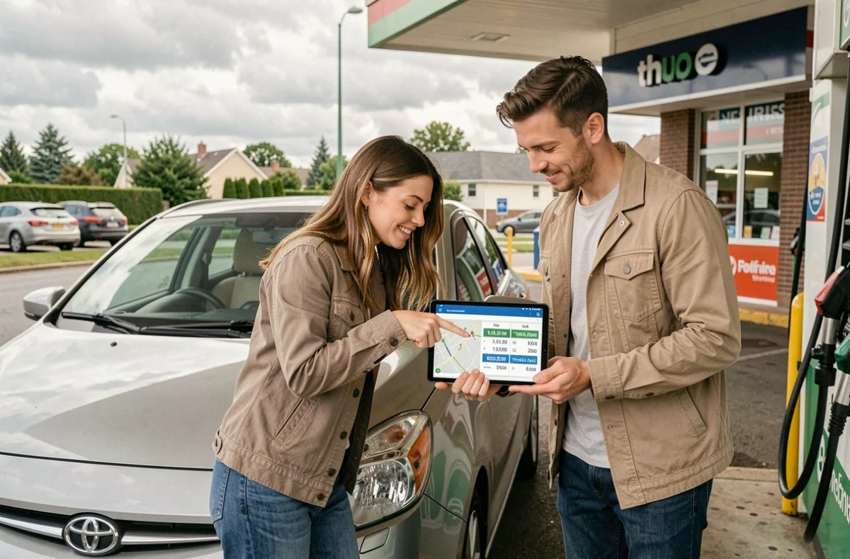 Couple comparant les itinéraires et les coûts de péage sur une tablette avec ViaMichelin lors d'une pause dans une station-service