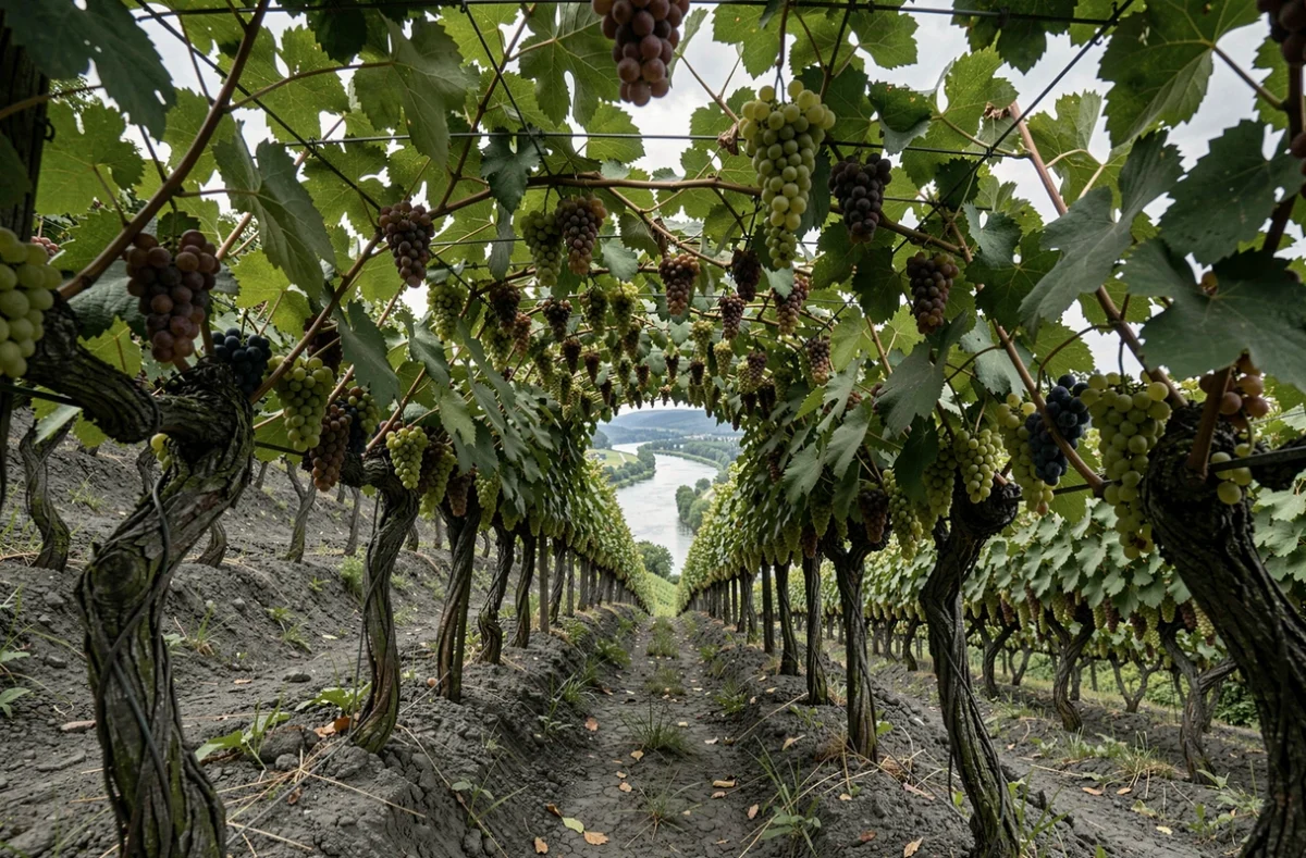 Vignes en terrasses sur les pentes ardoisières de la Moselle avec vue sur le fleuve en contrebas