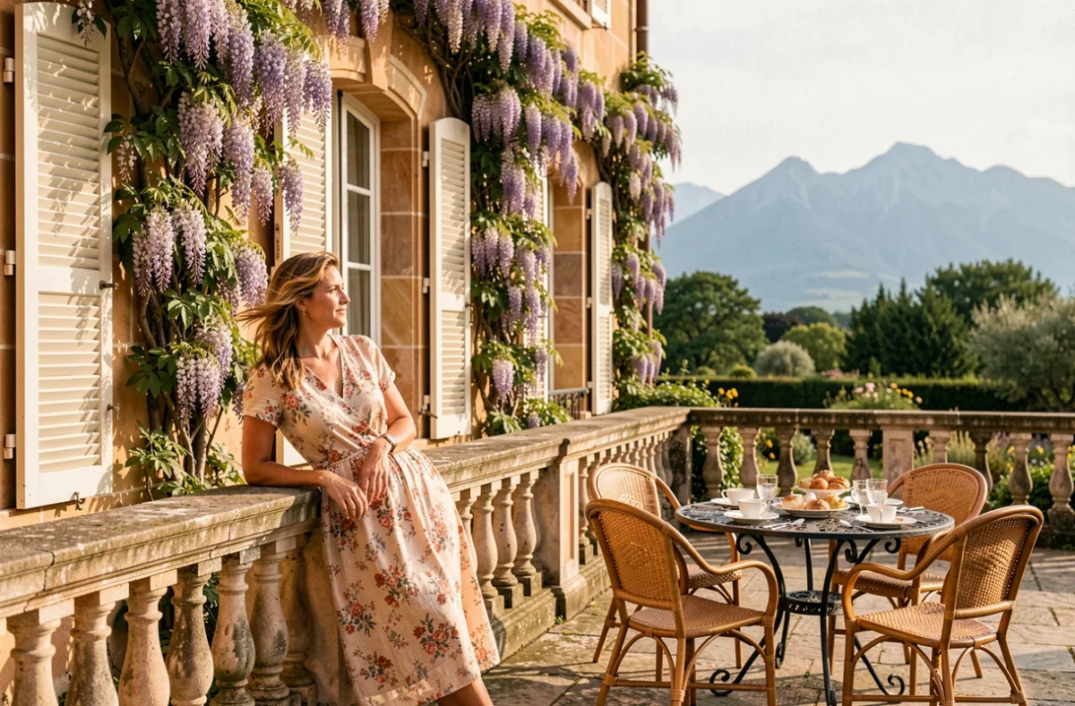 Terrasse de la Villa Navarre à Pau avec vue sur les Pyrénées, architecture en pierre de taille et ambiance hôtel de charme