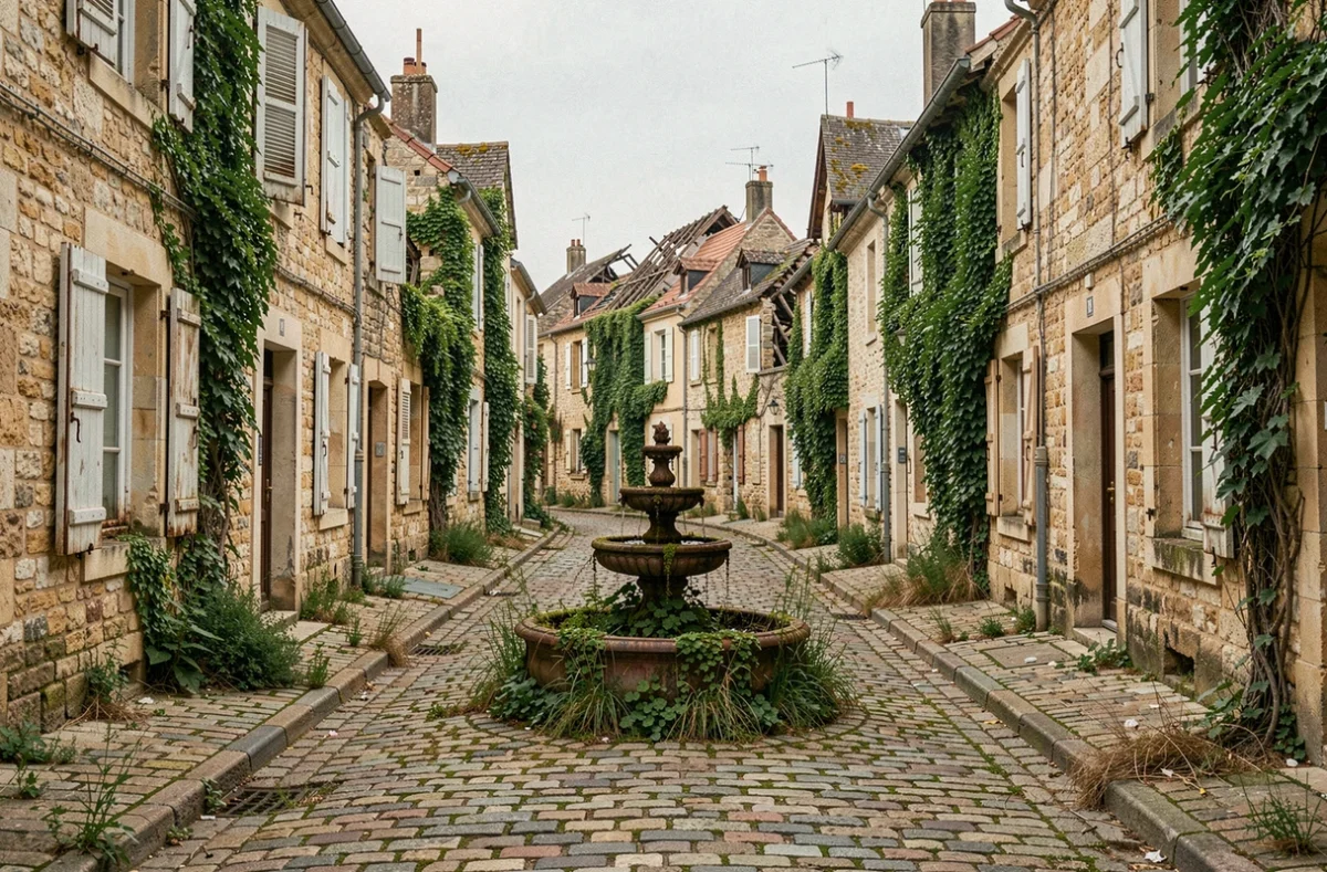 Rue en pierre déserte d'un village abandonné en France, façades envahies par le lierre et fontaine rouillée au centre