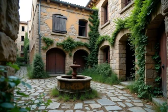 Place de village fantôme en France avec fontaine rouillée et façades en pierre envahies par le lierre