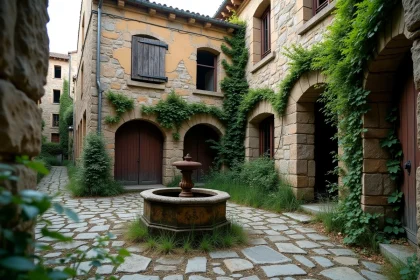 Place de village fantôme en France avec fontaine rouillée et façades en pierre envahies par le lierre