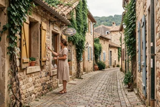 Ruelle médiévale en pierre d'un village typique de l'Ardèche du Nord avec une femme découvrant les boutiques artisanales
