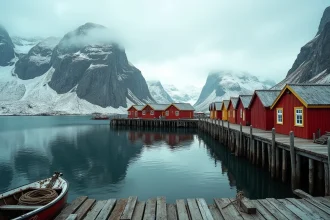 Village de pêcheurs traditionnel avec des rorbuer rouges sur pilotis au bord d'un fjord des îles Lofoten en Norvège, entouré de montagnes enneigées