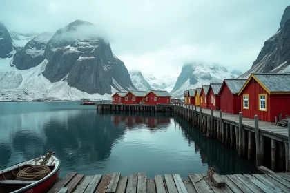 Village de pêcheurs traditionnel avec des rorbuer rouges sur pilotis au bord d'un fjord des îles Lofoten en Norvège, entouré de montagnes enneigées