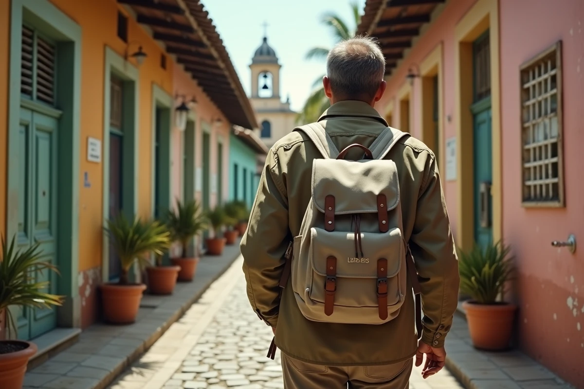 Voyageur explorant une ruelle coloniale colorée d'une ville tropicale méconnue en hiver