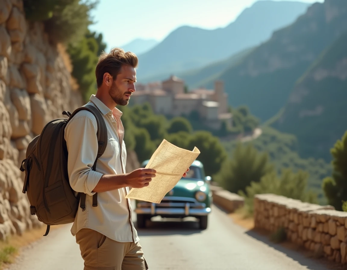 Voyageur consultant une carte routière sur une route de montagne panoramique dans la région de la Balagne en Corse