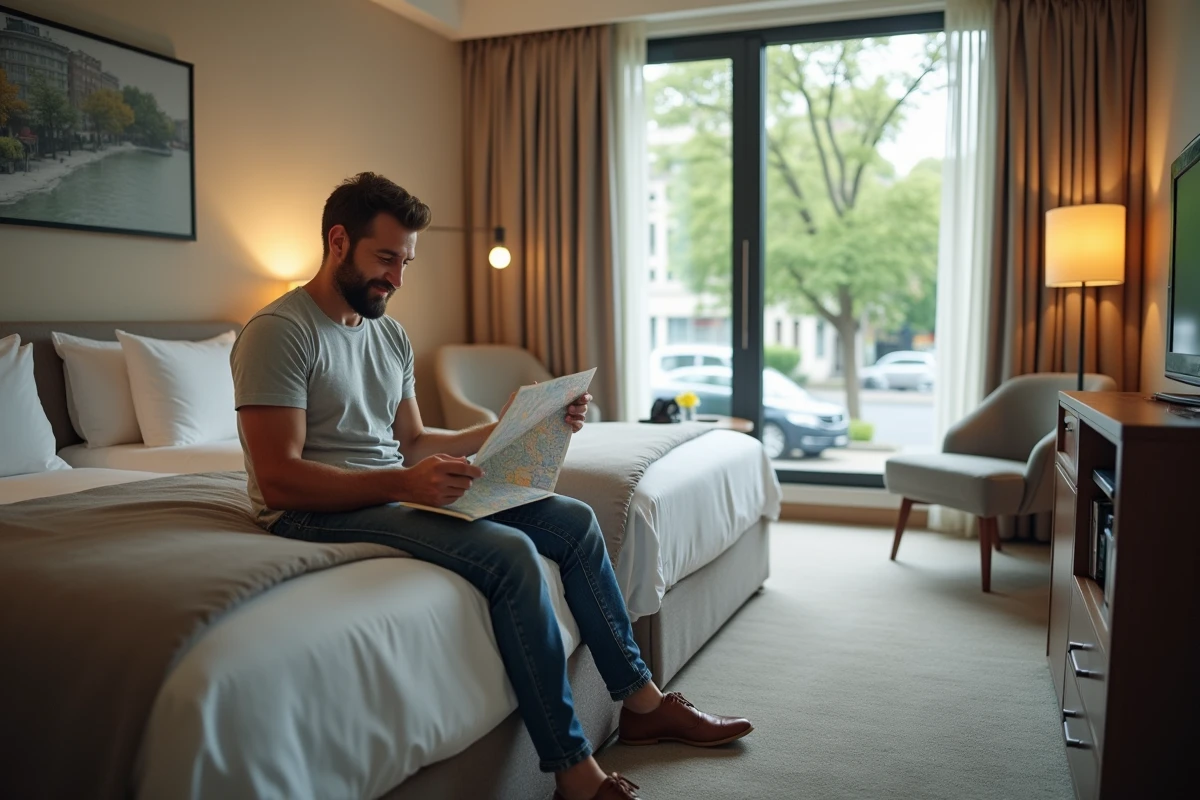 Voyageur seul assis sur le lit en lisant une carte