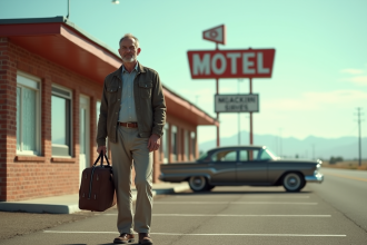 Homme d'âge moyen devant un motel classique en voyage