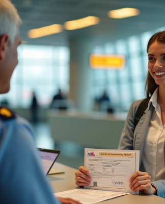 Voyageur souriant avec certificat de vaccination fièvre jaune à la frontière