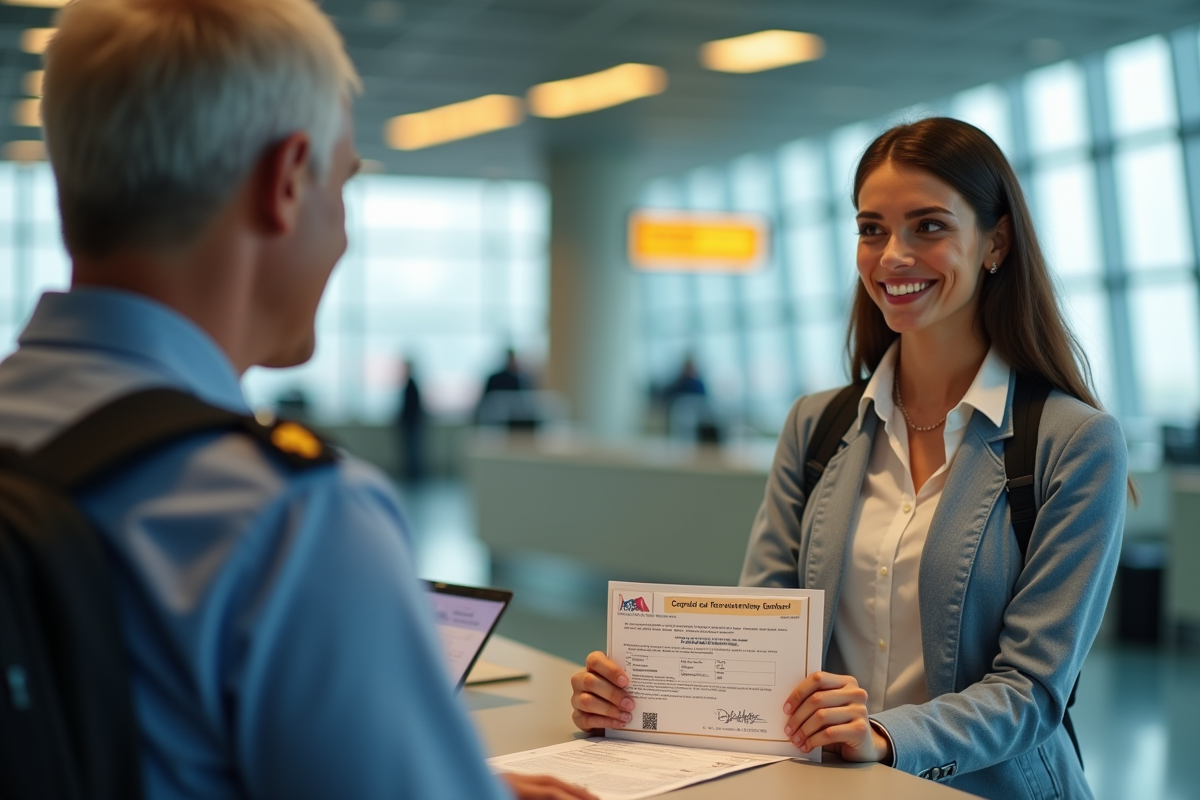 Voyageur souriant avec certificat de vaccination fièvre jaune à la frontière