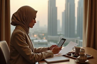 Voyageuse consultant les fuseaux horaires Paris-Dubaï dans une chambre d'hôtel pendant le ramadan