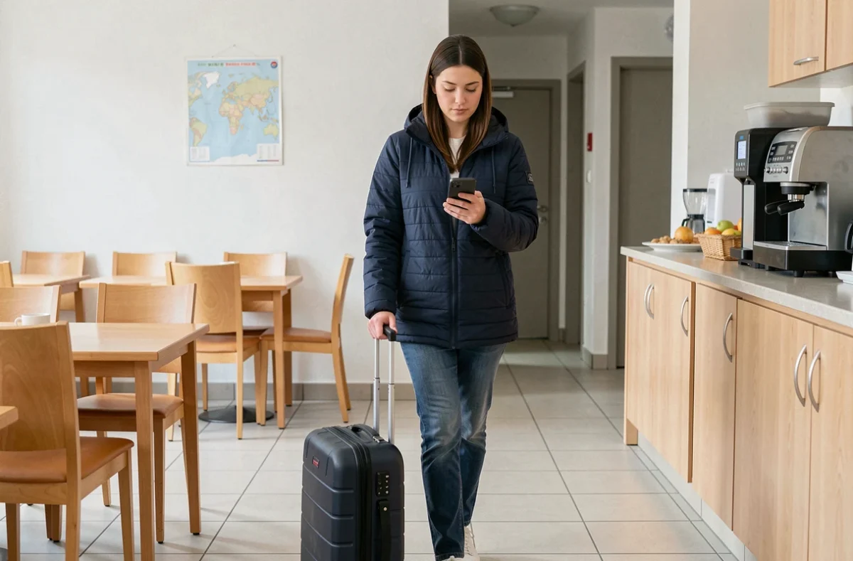Voyageuse avec valise dans le lobby d'un hôtel budget avant son vol depuis l'aéroport de Biarritz