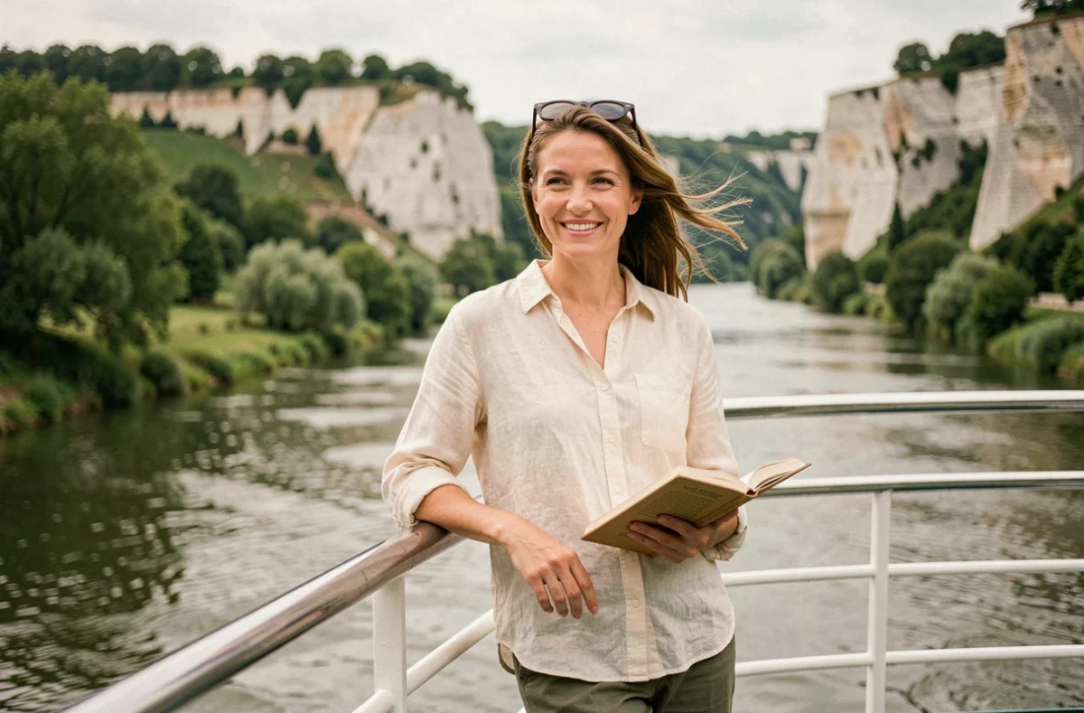 Femme voyageant seule sur le pont supérieur d'un bateau de croisière sur la Seine traversant les vallées verdoyantes de Normandie
