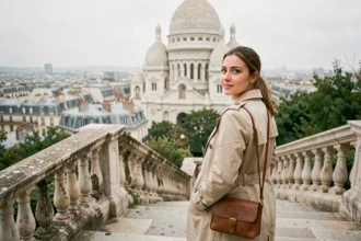 Voyageuse devant le Sacré-Cœur de Montmartre avec vue panoramique sur Paris lors d'un stopover express