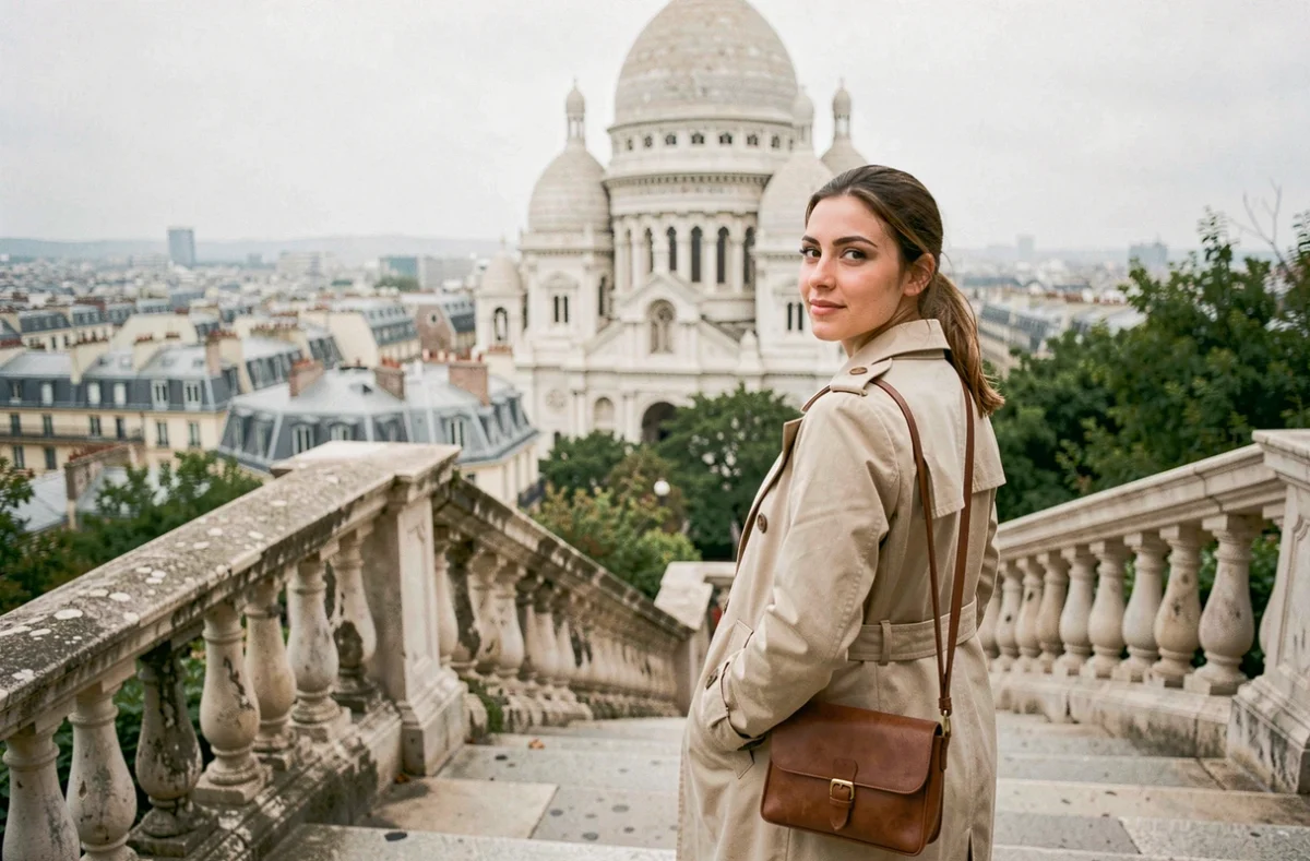 Voyageuse devant le Sacré-Cœur de Montmartre avec vue panoramique sur Paris lors d'un stopover express