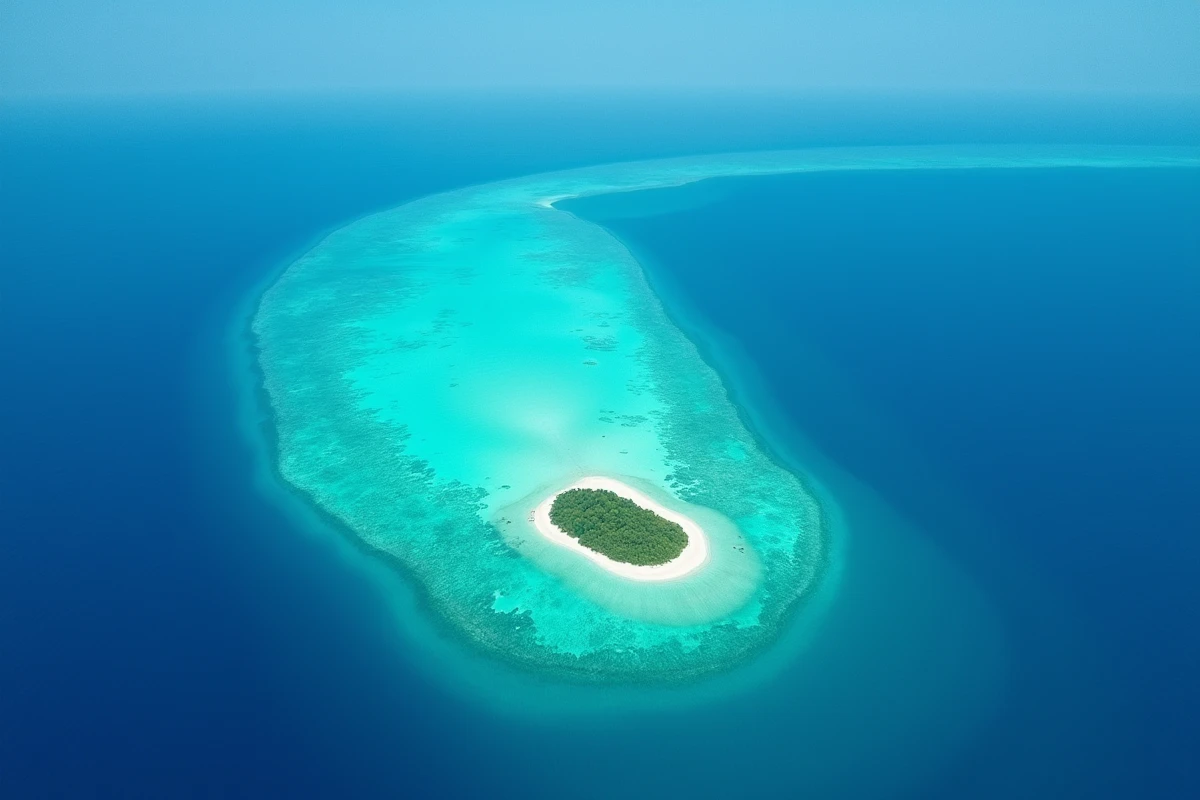 Vue aérienne d'un atoll corallien des Maldives cerné par l'immensité de l'océan Indien