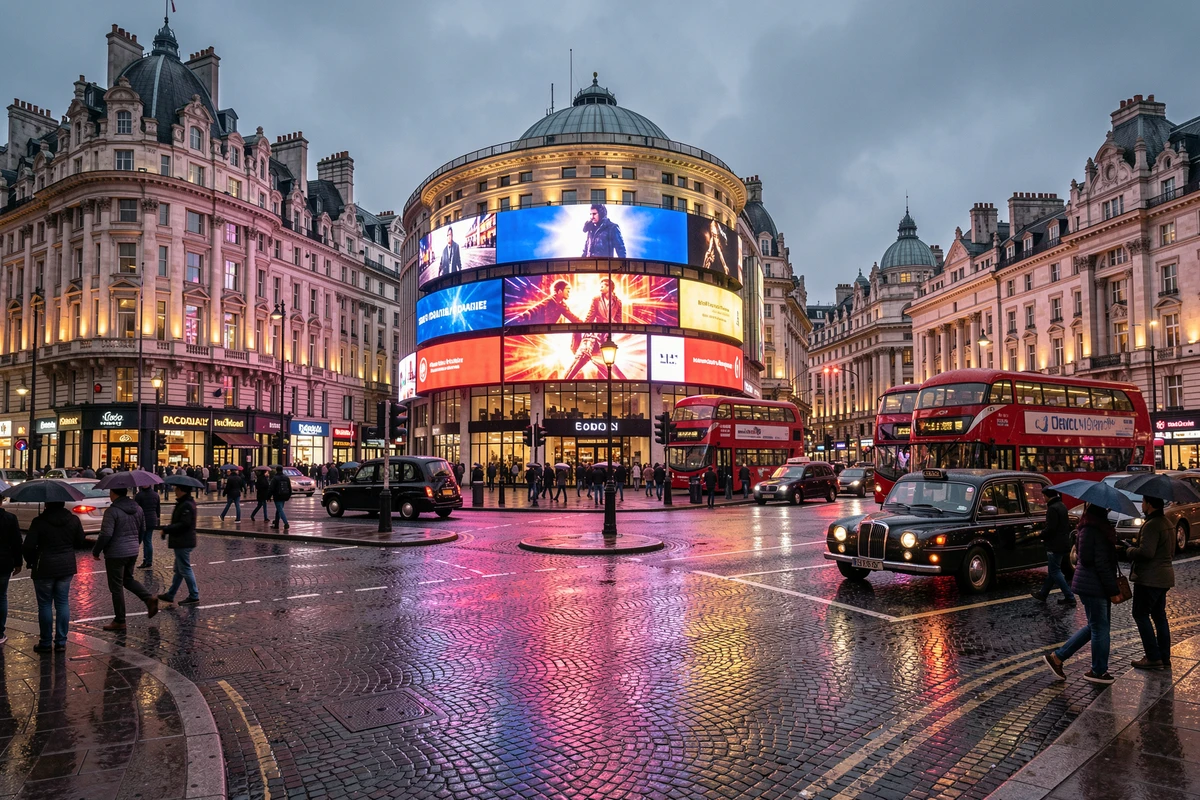 Vue panoramique nocturne de Piccadilly Circus avec ses célèbres enseignes lumineuses et ses bus rouges londoniens sous la pluie